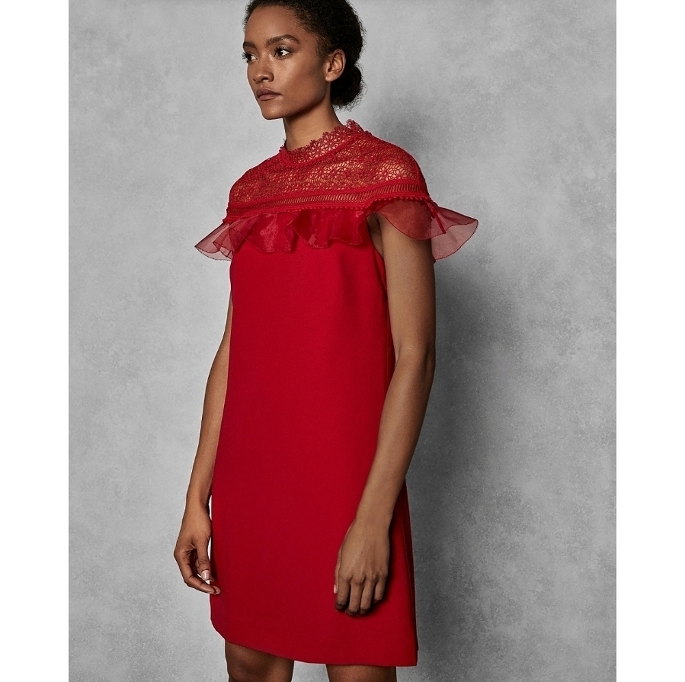 🌸 NEW‎ Ted Baker |Red Ruffle Shift Dress 6 - Picture 3 of 16